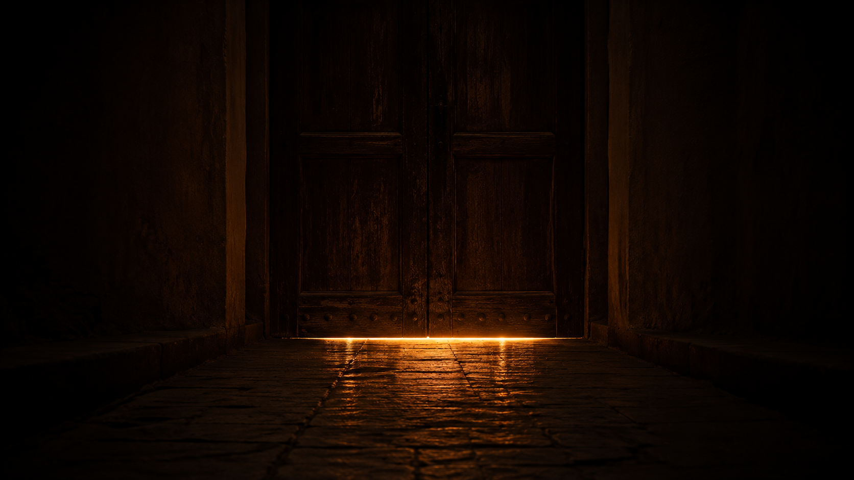 A cedar door in a quiet Moroccan riad courtyard