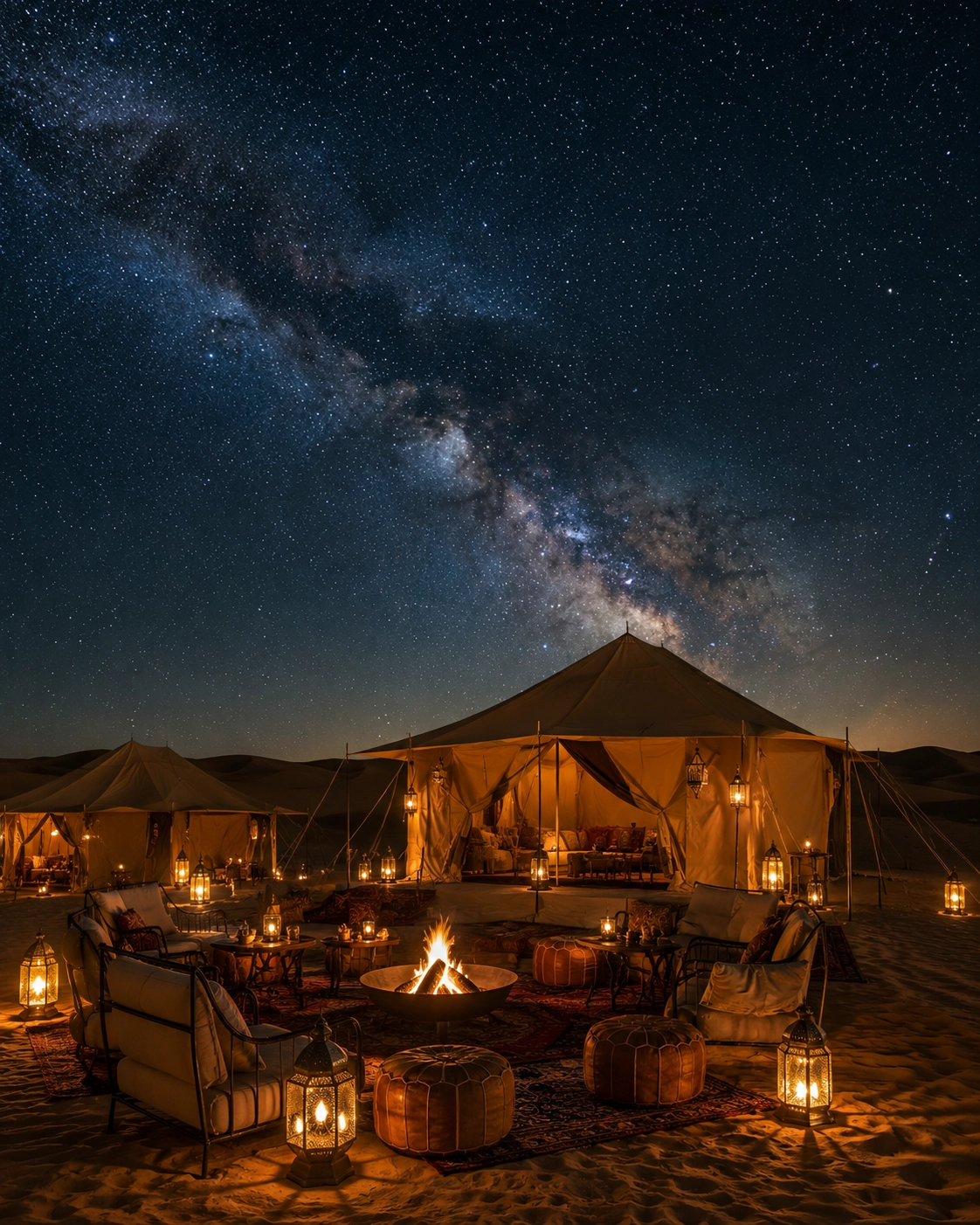 A desert camp at dusk in the Moroccan Sahara