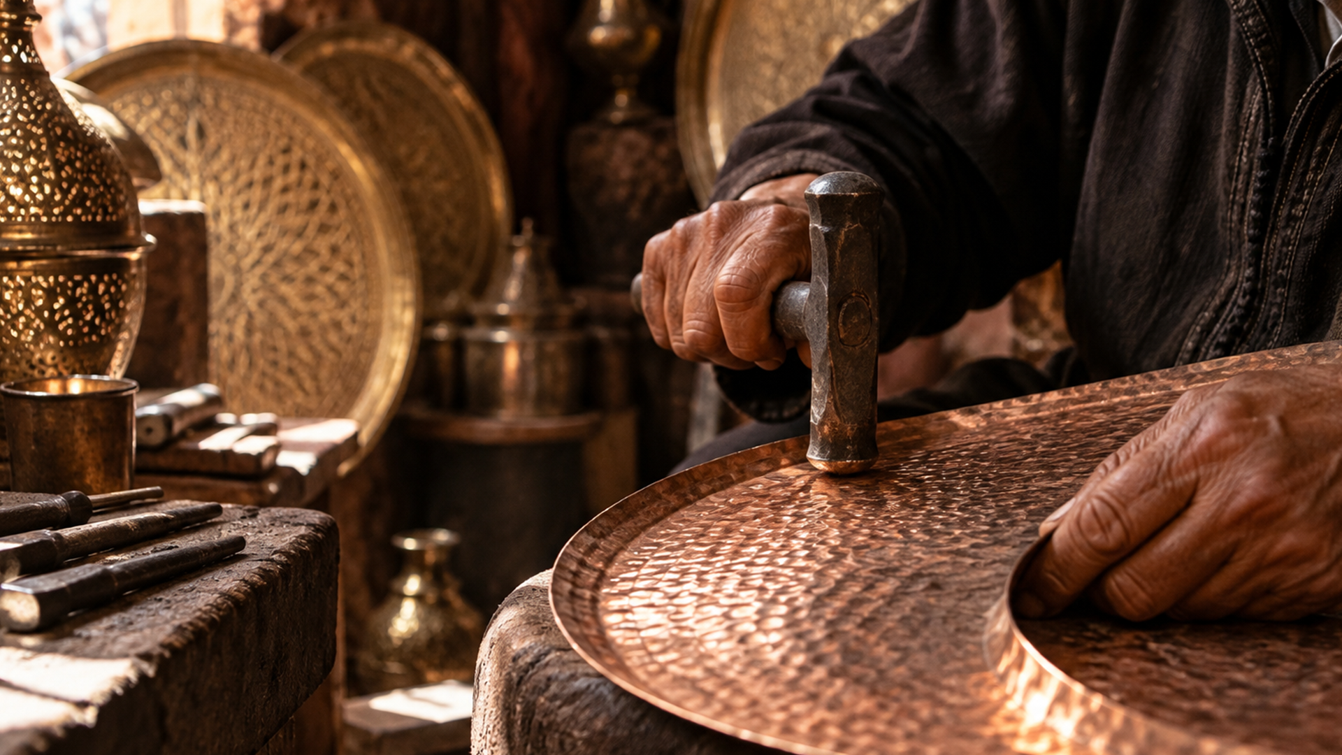 Copper artisan hammering a lamp/tray by hand in Marrakech souk Morocco