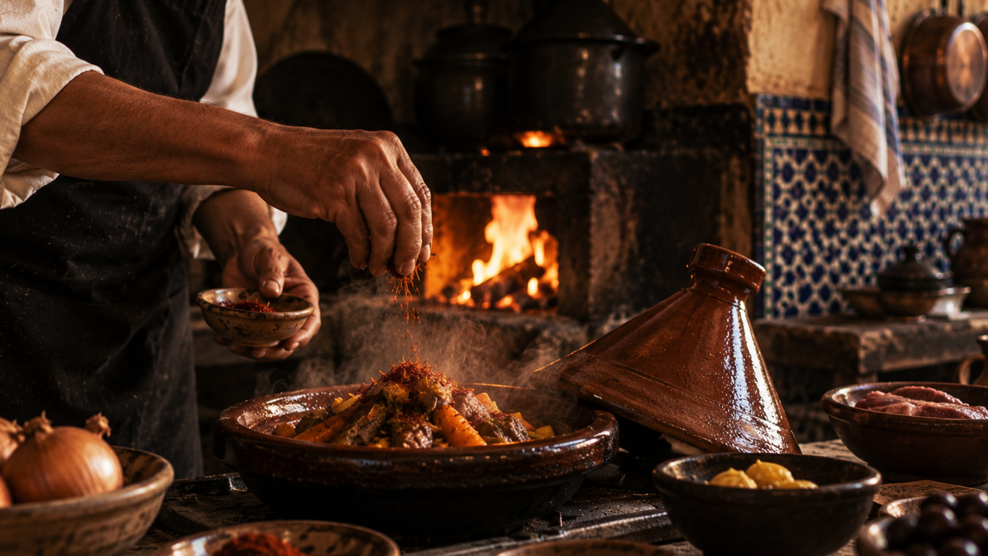 Hands preparing Moroccan food in a Fes kitchen