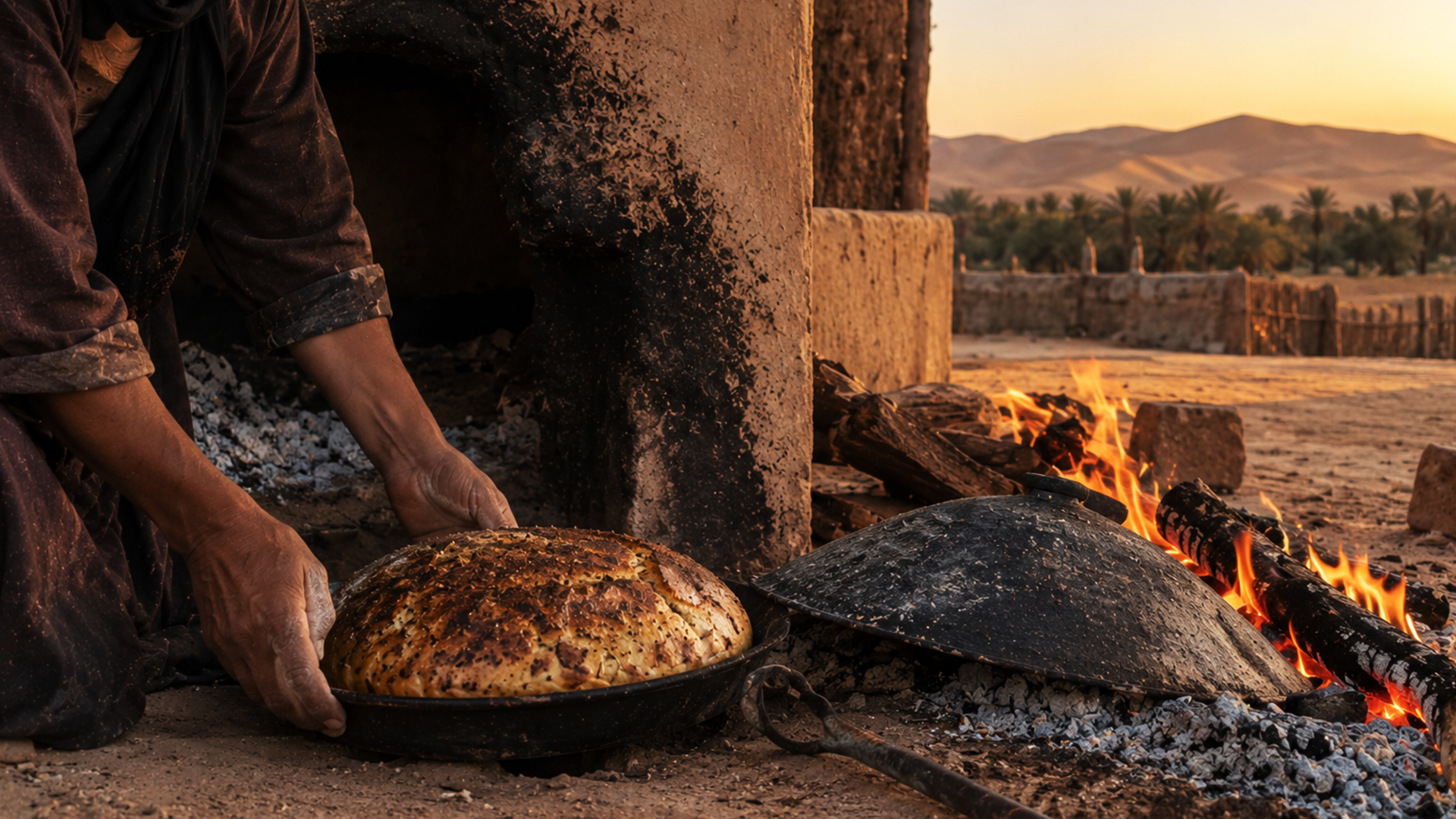 Medfouna being prepared/baked beside fire or bread + tea beside Erg Chebbi Merzouga Morocco medfouna bread fire desert