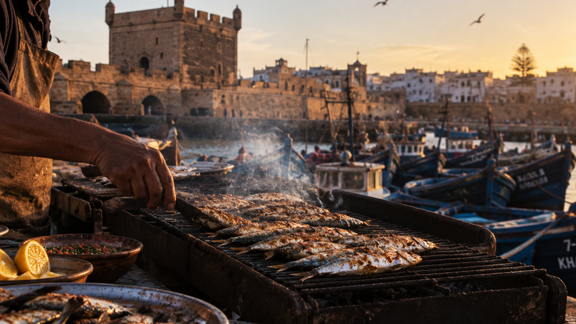 Fresh sardines or seafood being grilled beside Essaouira harbourEssaouira Morocco sardines grill seafood harbour