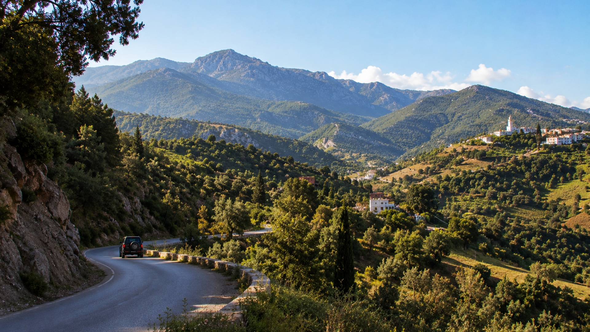 Road through the Rif, green hills/mountain landscape around Ouezzane