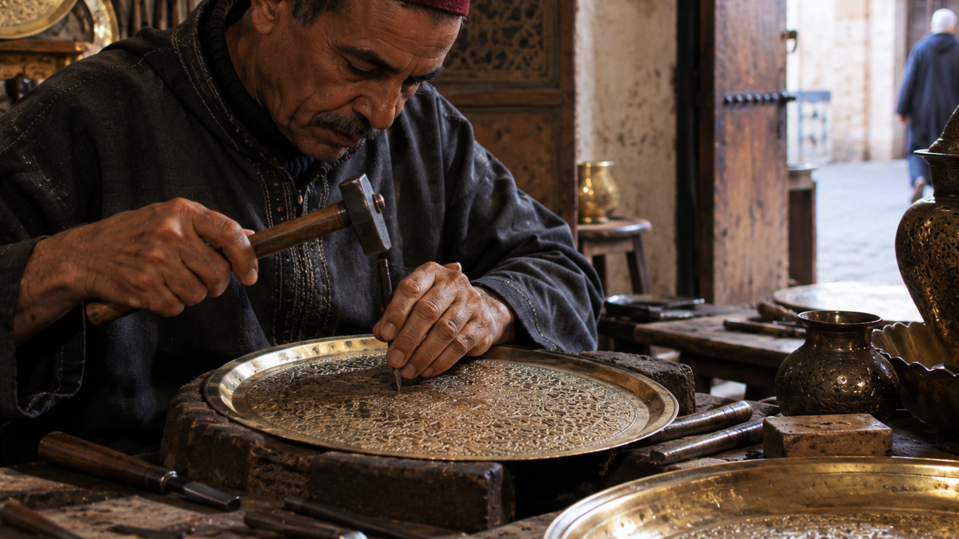 Fes artisan at work, brass engraving