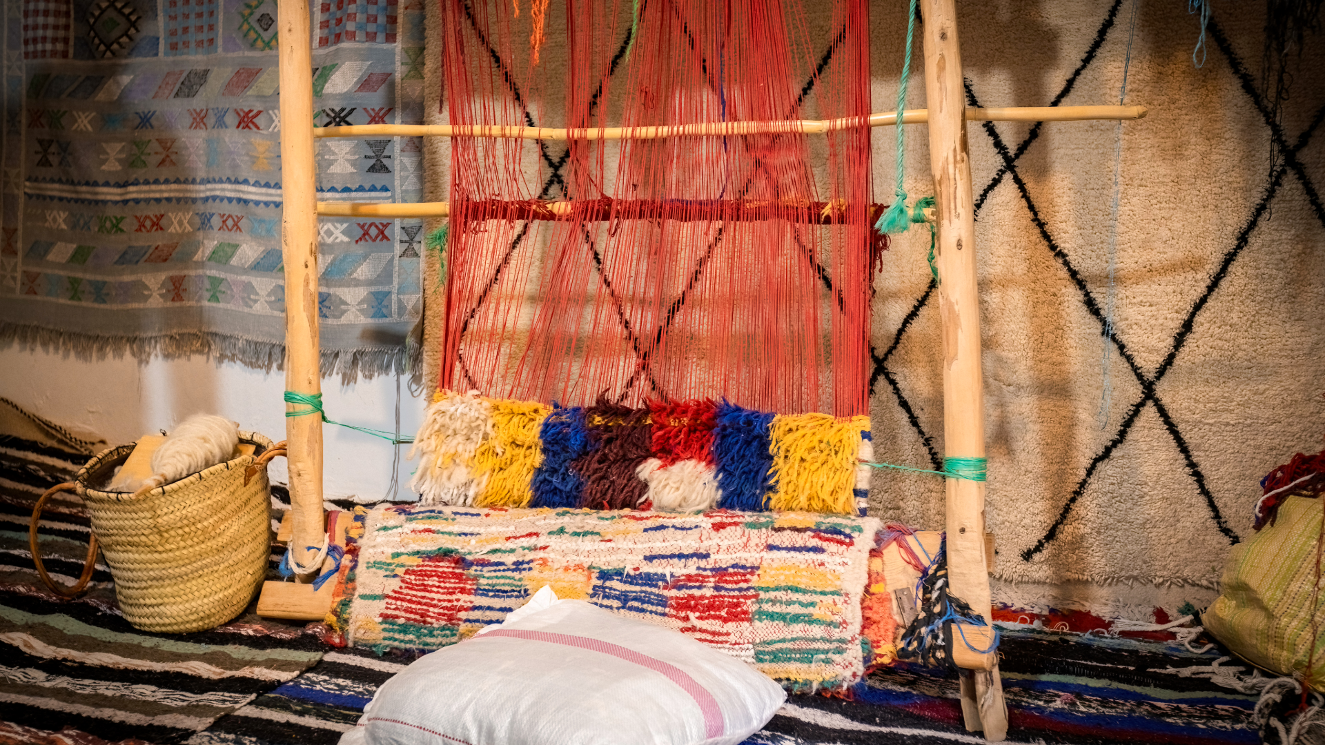 Marrakech Morocco women weaving loom countryside