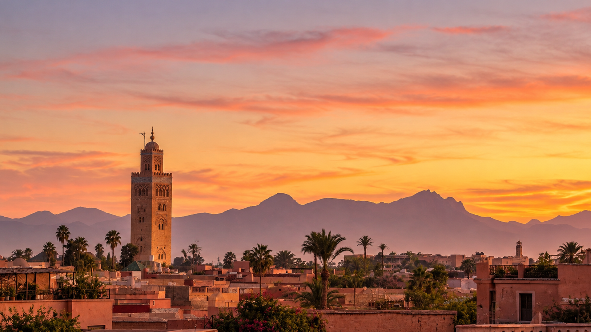 The Koutoubia minaret and Atlas Mountains at sunset over Marrakech.