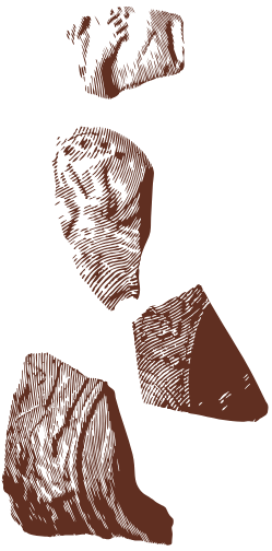 Illustration of four brown, ancient pottery shards with varied textures and shapes on a black background.