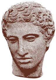 Brown textured silhouette of a classical bust head facing forward with closed eyes.