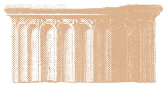 Stylized illustration of five classical Roman columns in a row on a beige background.