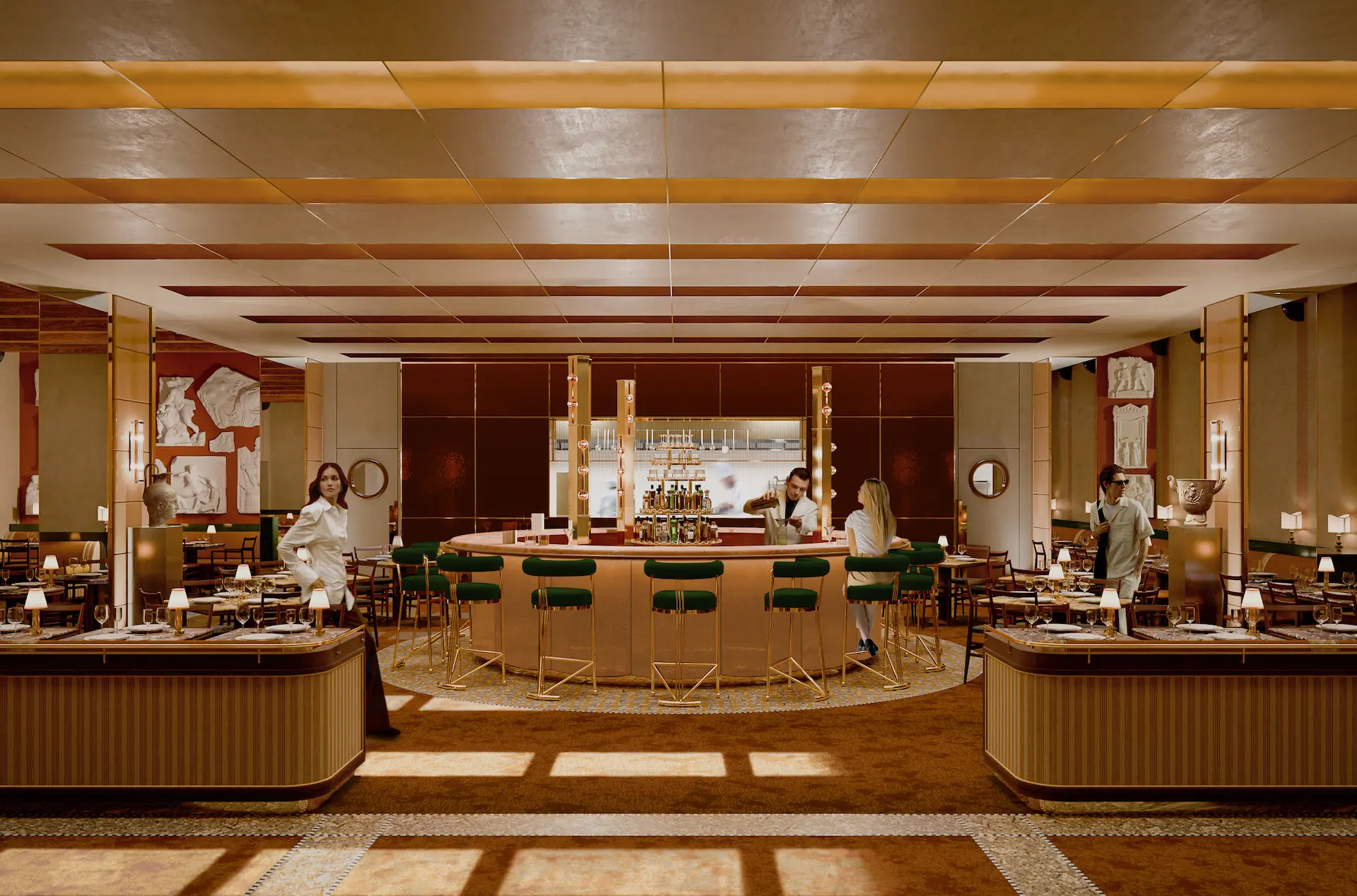 Restaurant interior at Experimental Roma with sculptural wall artworks.