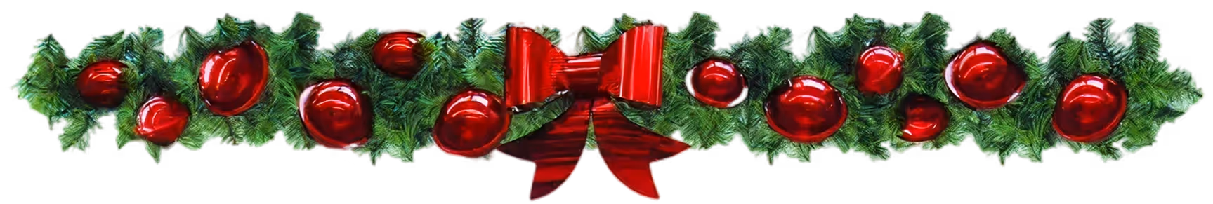 Christmas garland with green pine branches, red ornaments, and a large red bow in the center.