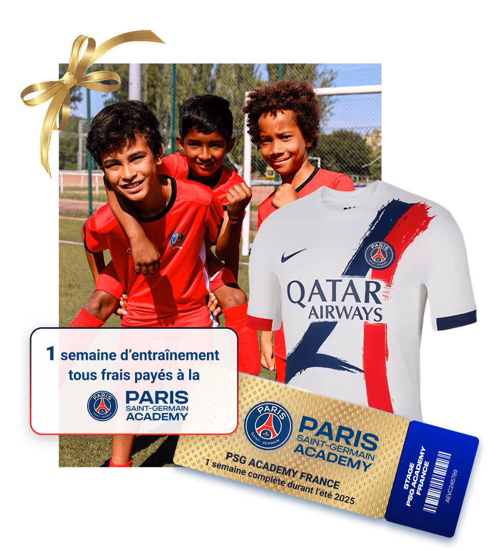 Three smiling boys in red Paris Saint-Germain soccer uniforms on a field, next to a white PSG jersey and a PSG Academy ticket for a free one-week training session in summer 2025.