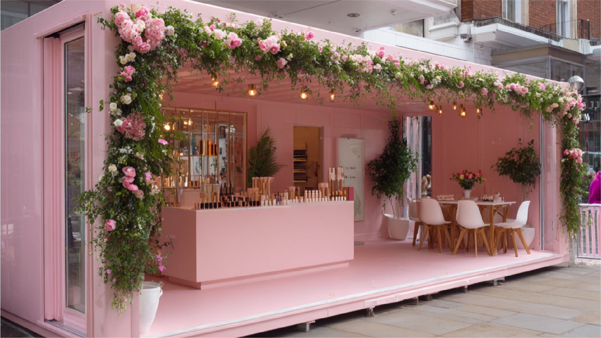 Pop-up store cosmétique et pharmacie – rayonnages rétroéclairés et comptoir central texturé