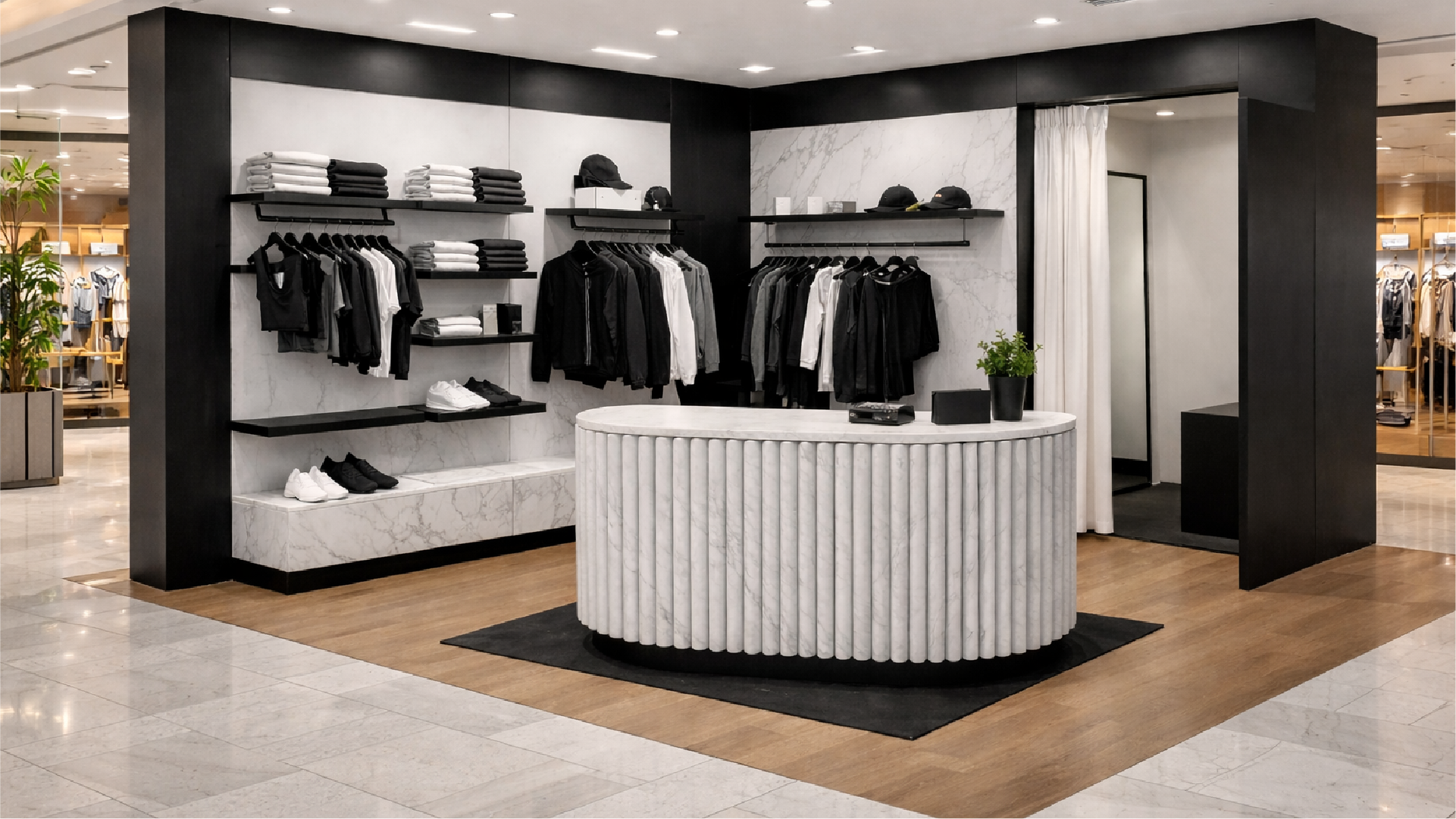 Agencement retail en galerie marchande – comptoir cintré et rangements muraux sur-mesure