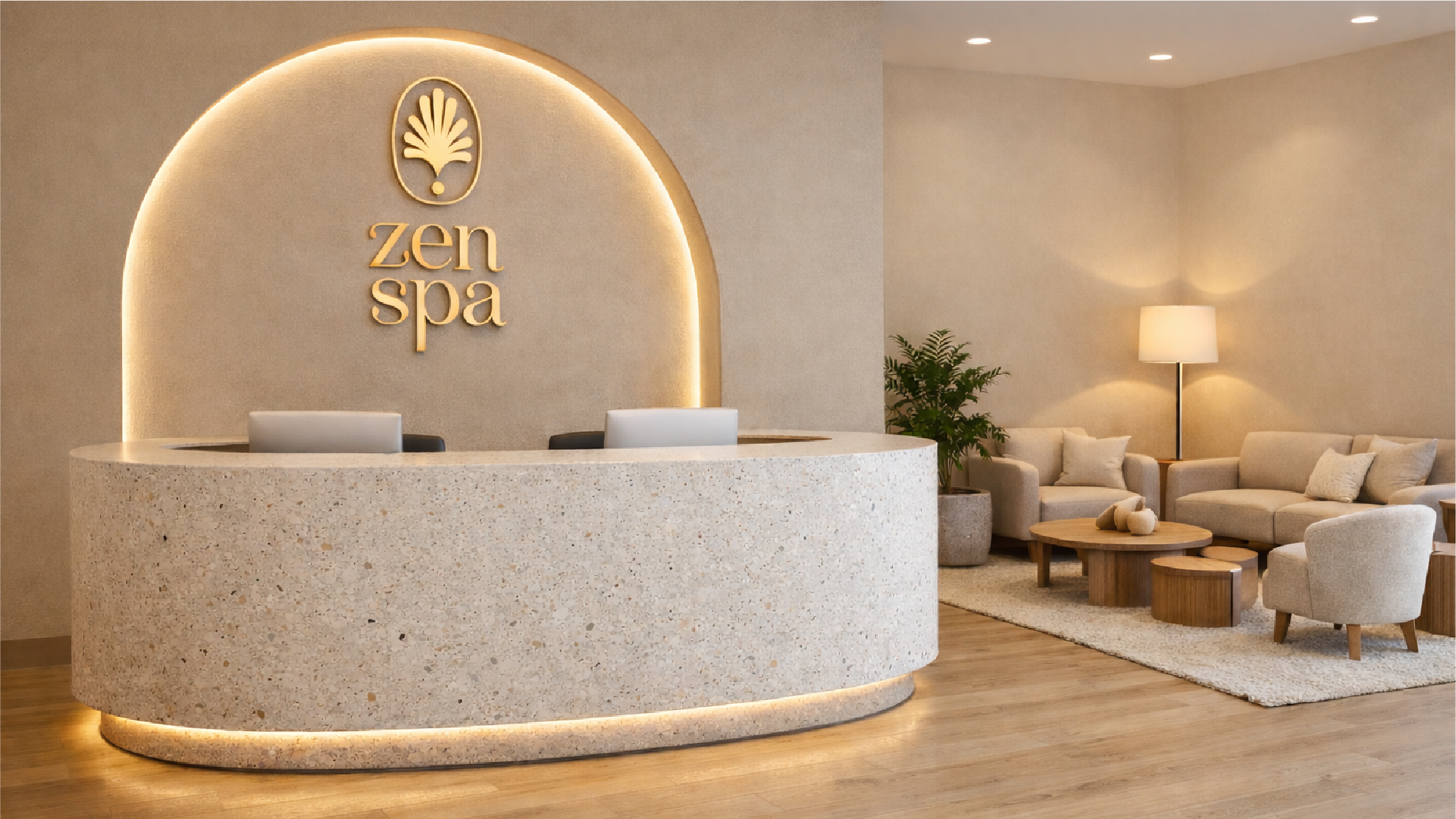 Accueil de spa parisien aménagé sur-mesure – comptoir aux lignes douces et éclairage indirect