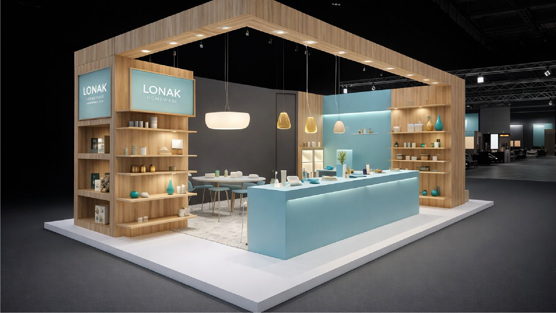 Concept de stand LONAK – décoration d'intérieur, matières naturelles et lignes épurées