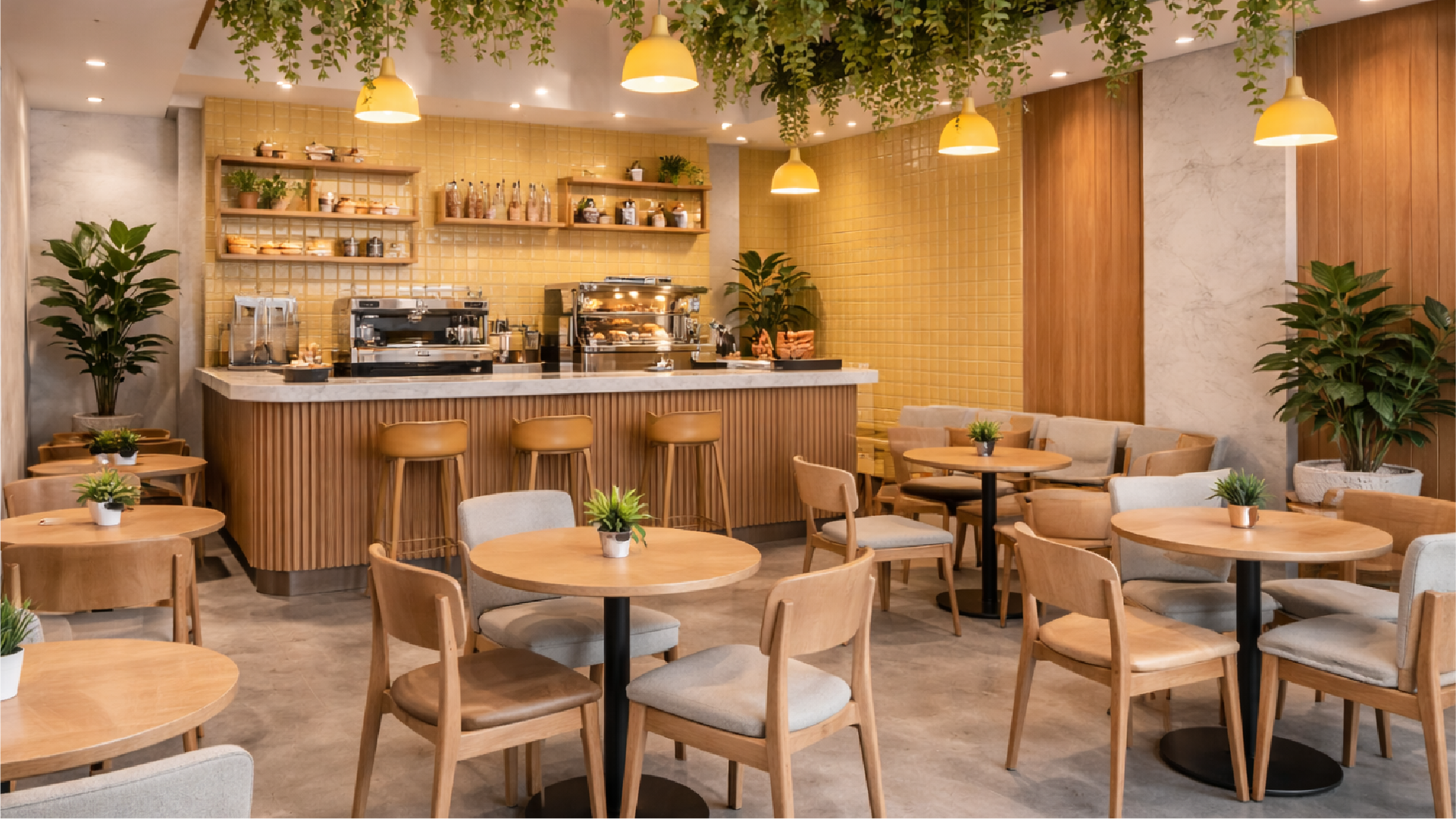 Agencement d'une cafétéria d'entreprise avec matières naturelles et végétation