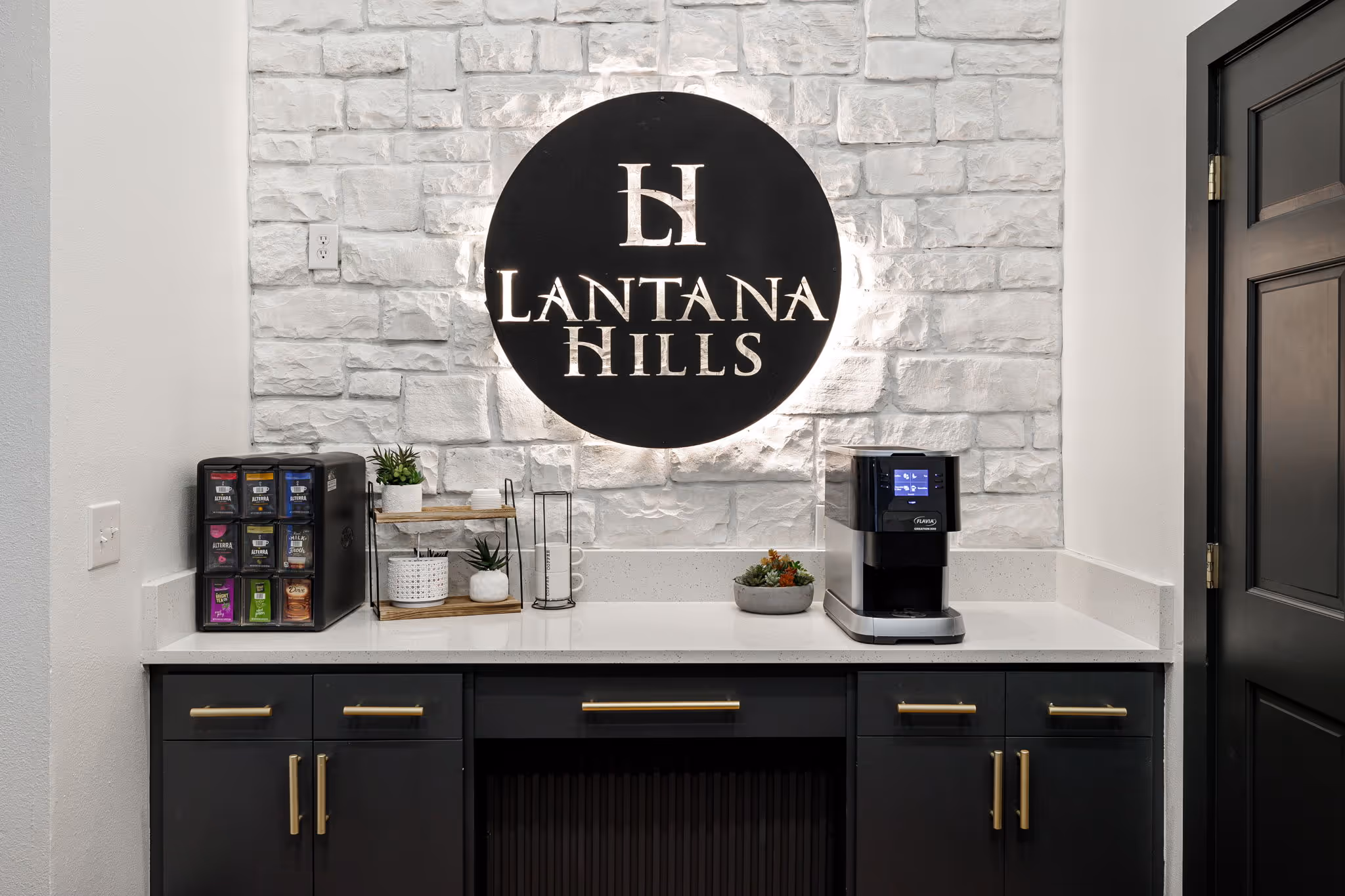 Coffee bar with Lantana Hills logo signage