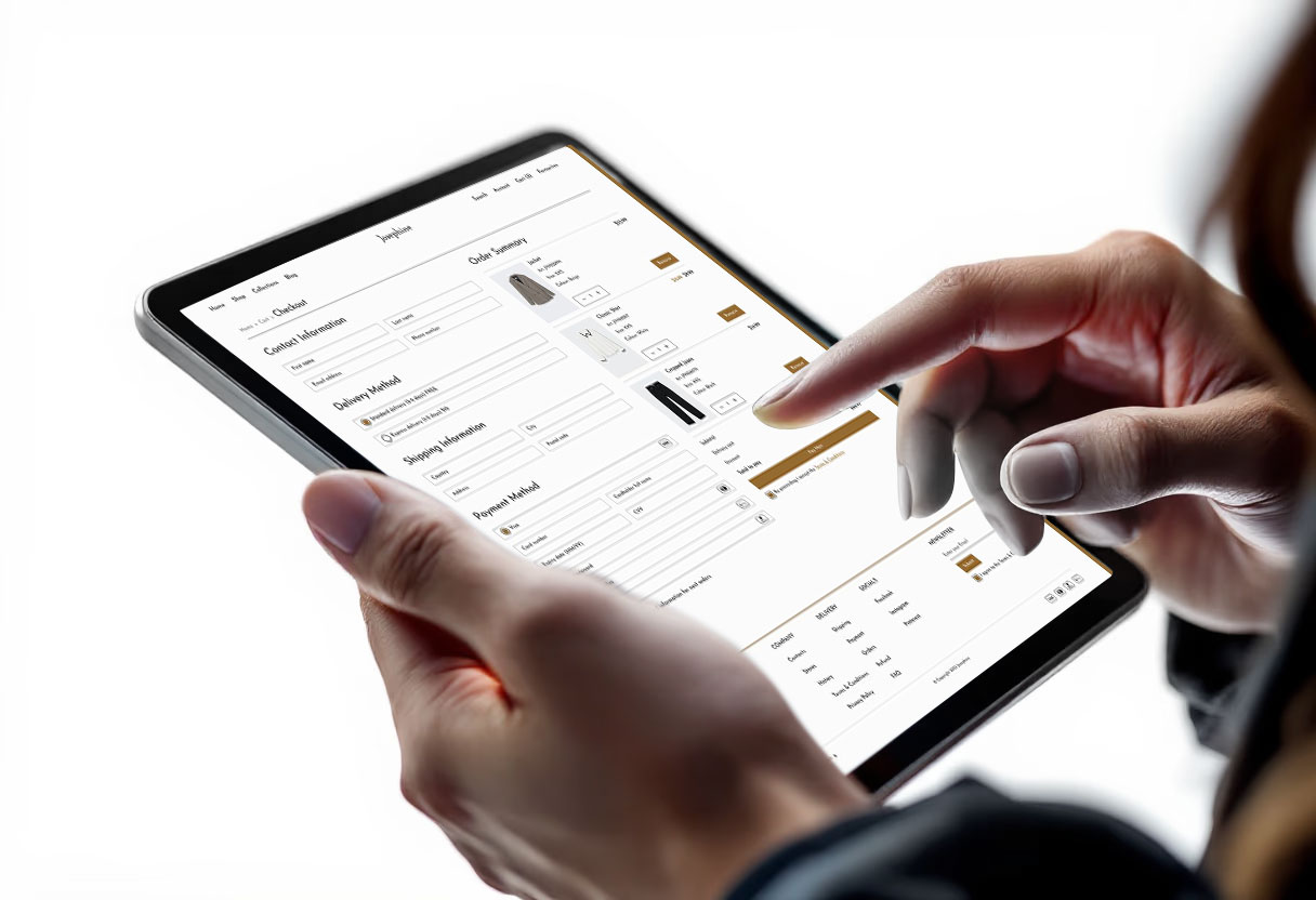 image of hands booking a garment care session on a tablet, close-up.