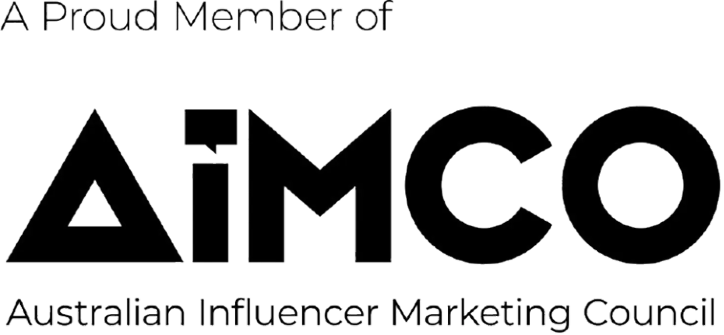 Text stating 'A Proud Member of AiMco Australian Influencer Marketing Council' with AiMco in large bold letters.