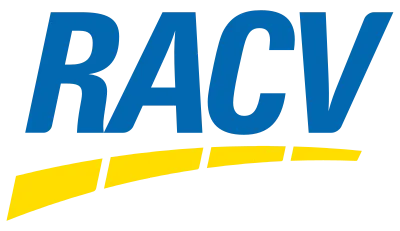 RACV logo featuring blue letters with a yellow curved underline.
