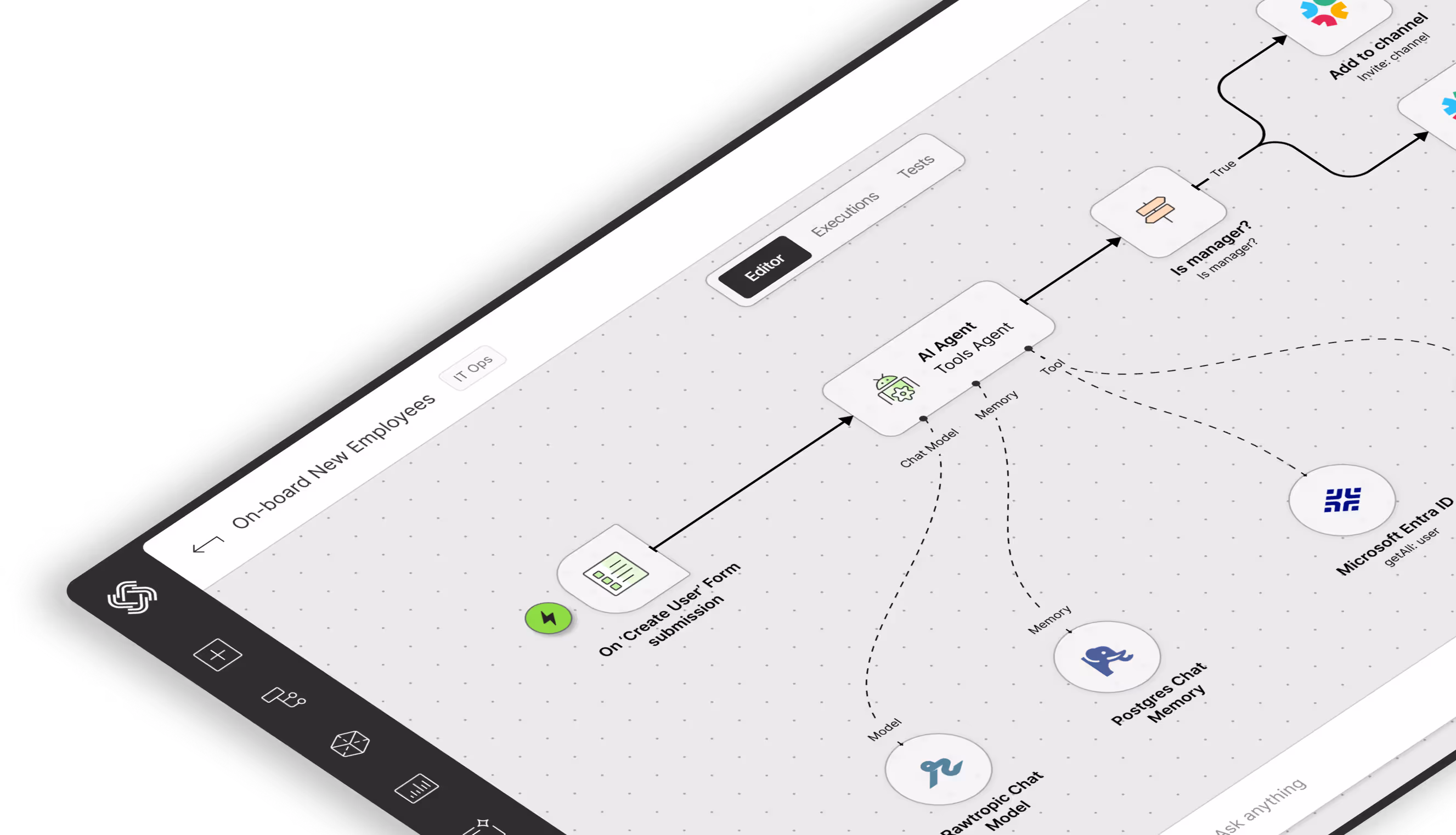 Workflow diagram on a screen showing an ‘On Create User’ form submission linked to an AI Agent with tools including Rawtropic Chat Model, Postgres Chat Memory, and Microsoft Entra ID, with a decision node checking if user is manager.