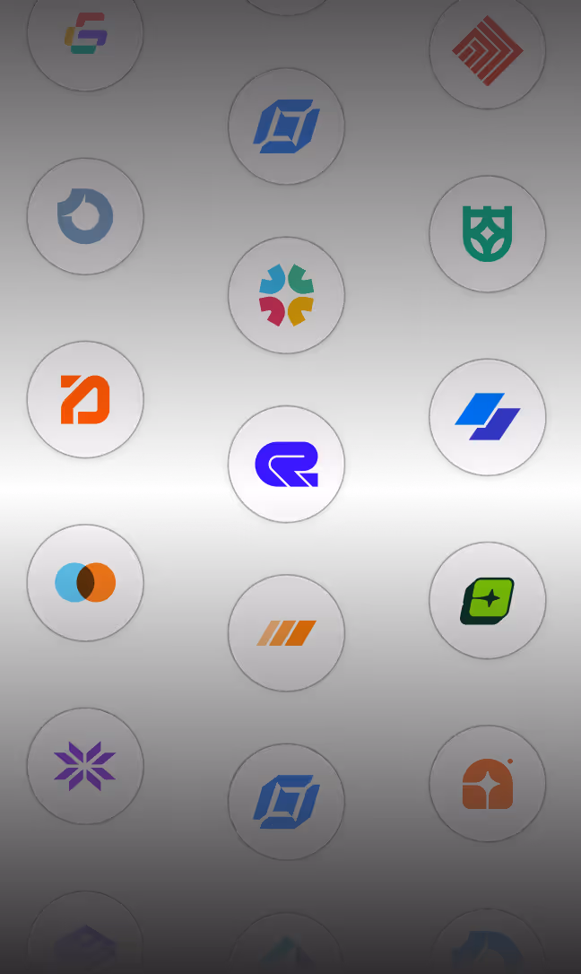 Array of diverse colorful app icons arranged vertically on circular white buttons over a dark gradient background.