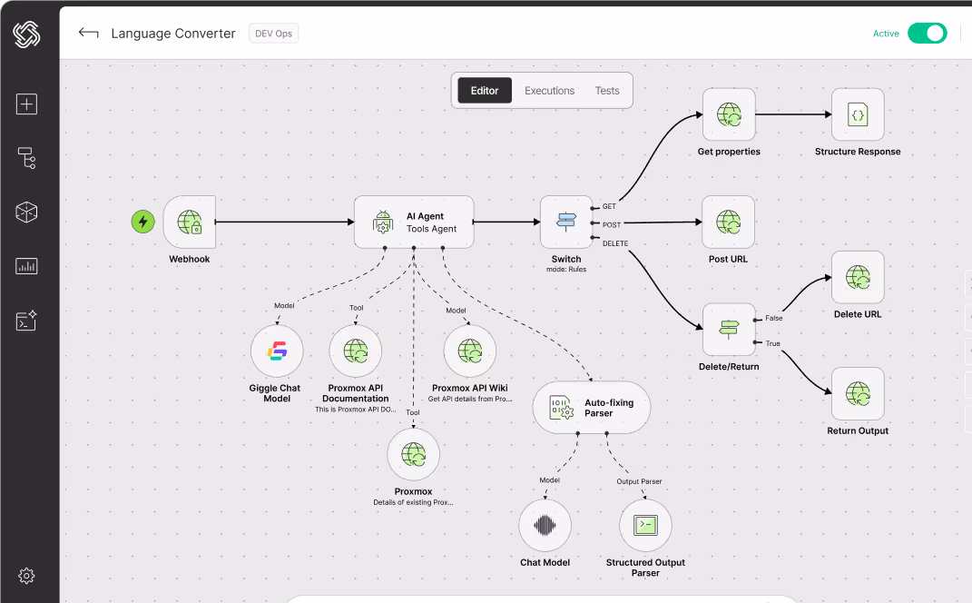 Flowchart of a Language Converter automation with Webhook triggering an AI Agent that interacts with Proxmox API documentation, Proxmox API Wiki, Proxmox details, and Giggle Chat Model, using a switch to handle GET, POST, DELETE requests leading to getting properties, posting URL, deleting URL, or returning output with auto-fixing and structured output parsers.