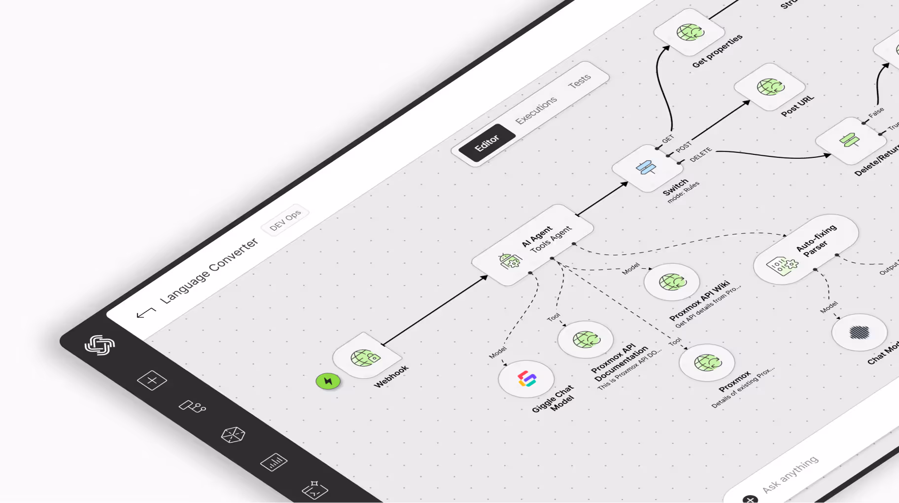 Dashboard interface displaying usage statistics, credit balance, active scenarios, and workflow editor with connected automation nodes.