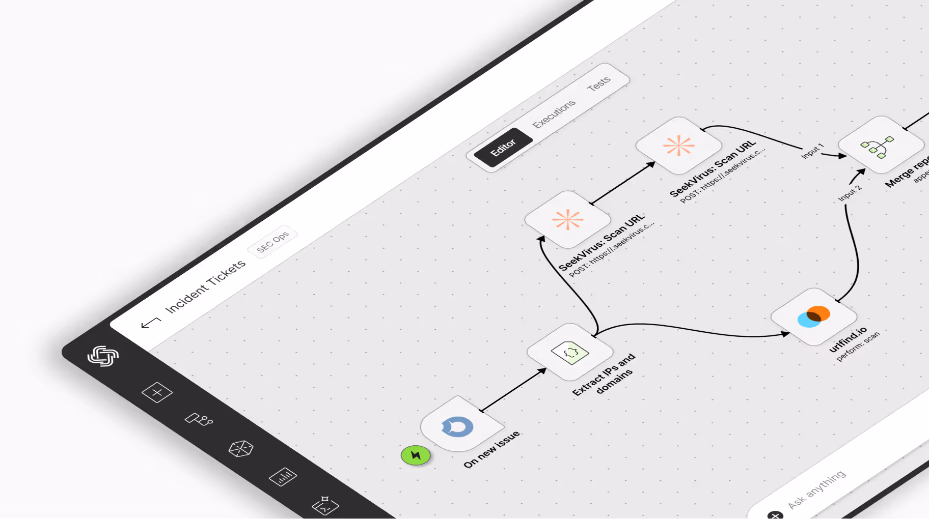 Dashboard interface displaying usage statistics, credit balance, active scenarios, and workflow editor with connected automation nodes.