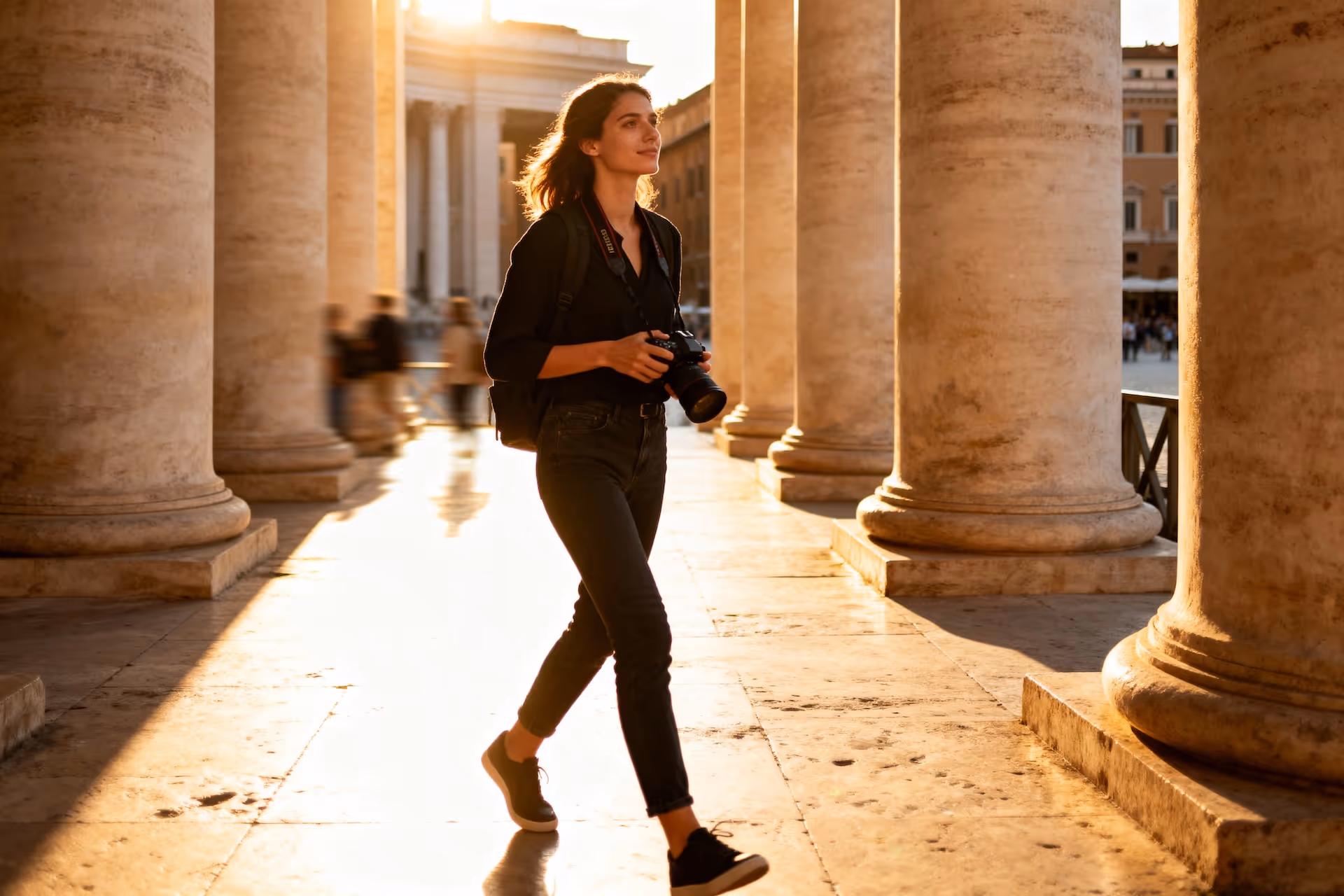 Young woman photographer walking through sunlit stone columns while holding a camera.