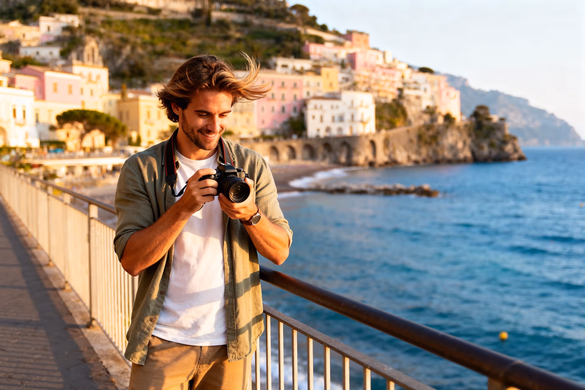Young man standing on a seaside promenade taking photos with a camera during golden hour, with colorful buildings and cliffs in the background.