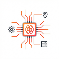 Icono de un chip con un cerebro en el centro conectado a símbolos de engranaje, ubicación y servidor, representando inteligencia artificial.