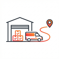 Ilustración de un almacén con cajas y una furgoneta conectada a un marcador de ubicación por una línea roja.