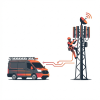 Técnico de mantenimiento subiendo una torre de telecomunicaciones, con una camioneta de servicio estacionada cerca.