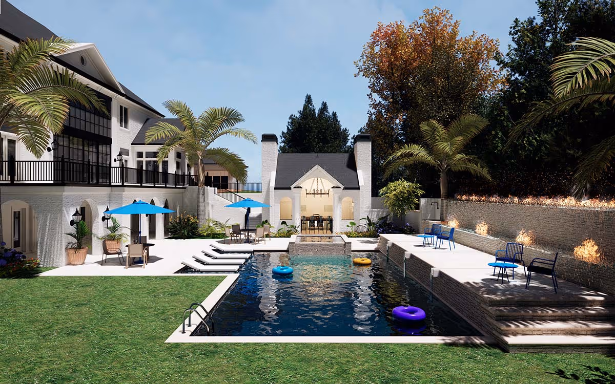 Luxurious wine cellar with wooden racks filled with bottles, a central island with wine decanters and bottle, and a modern gold chandelier.