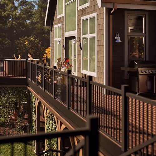 Modern loft area with slanted ceiling, brown leather bench, dark wood bookcase, and seating area with windows in the background.