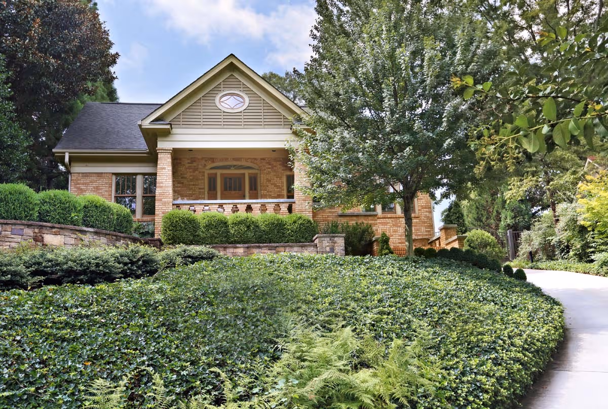 Bright living room with a gray sectional sofa adorned with red and white patterned pillows, glass coffee table, potted plants, and a vase of sunflowers on a side table.
