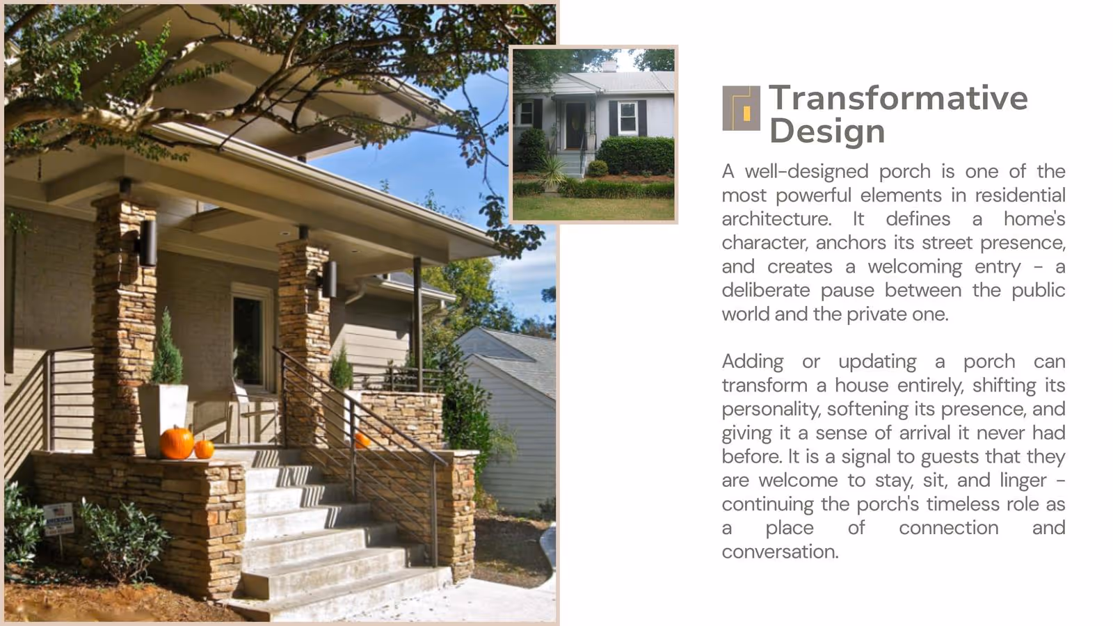 Sunny porch with stone half-wall, metal railing, and two metal mesh chairs overlooking green trees and bushes.