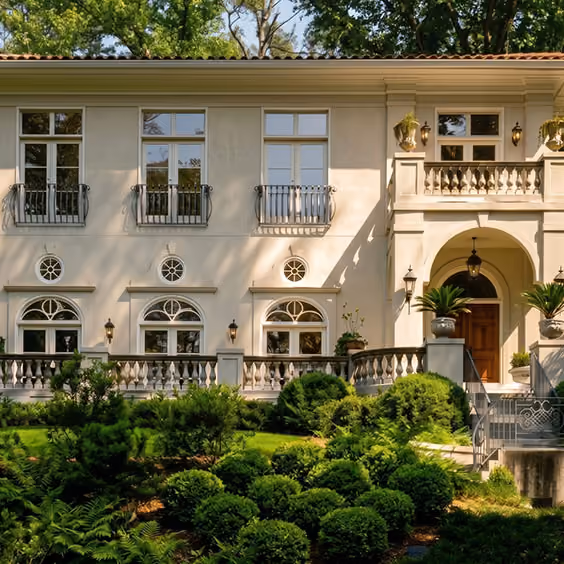 Modern two-story house with large windows, surrounded by green trees and lawn under an overhanging tree canopy.