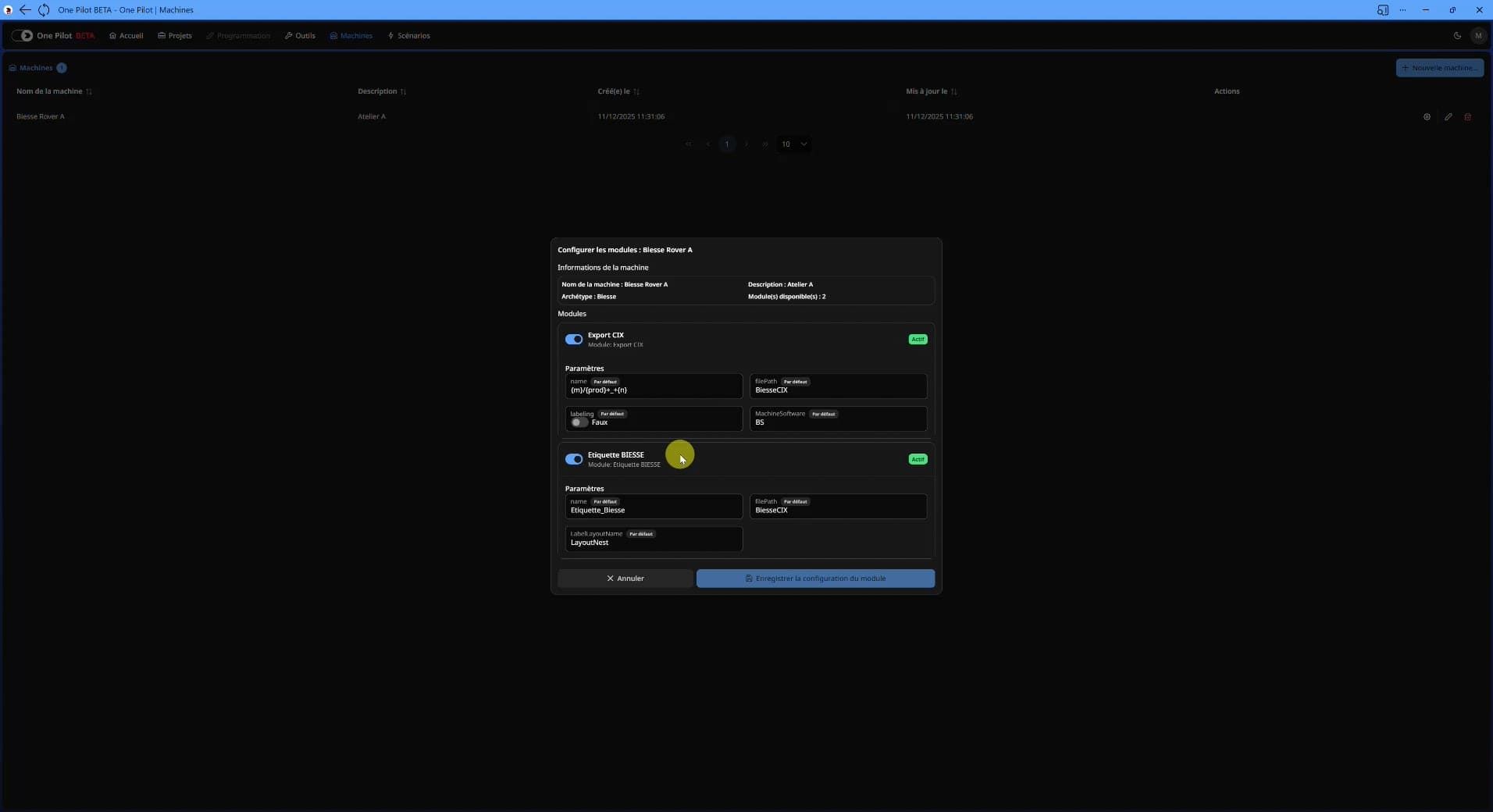 Onglet Machine (version courte)