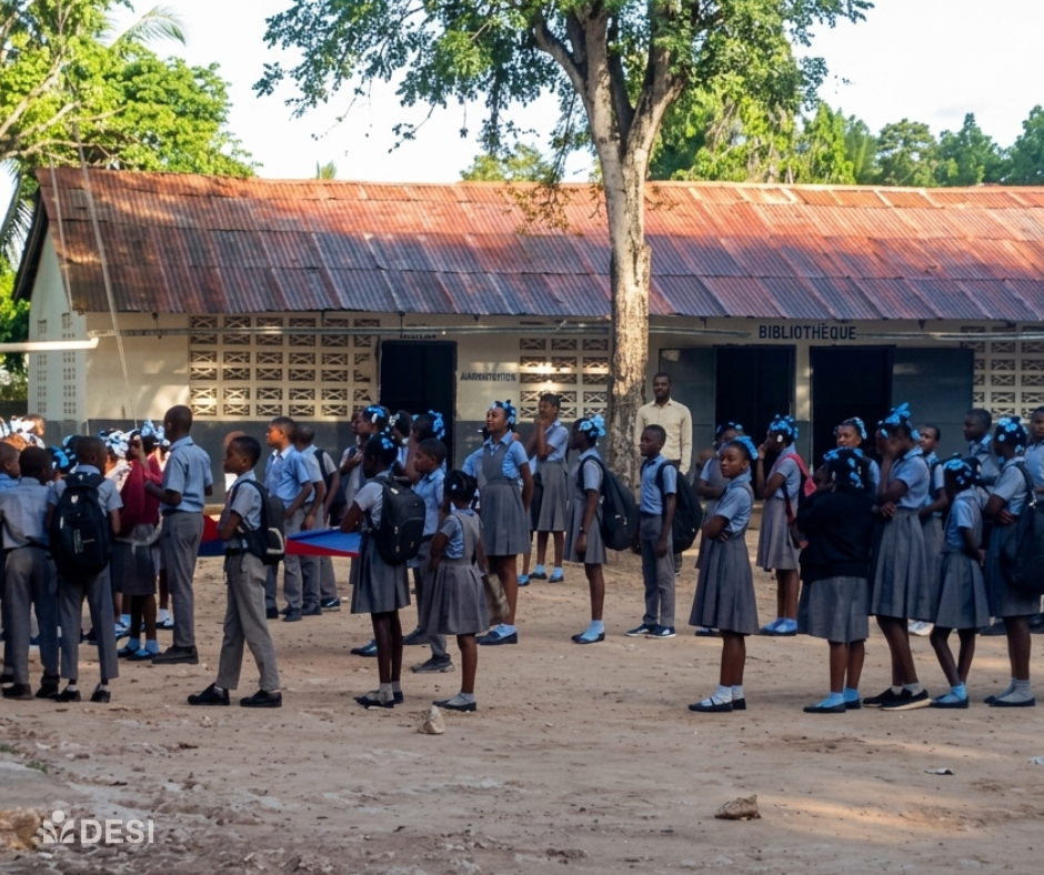 enfants en uniformes bleus dans une cour d'école