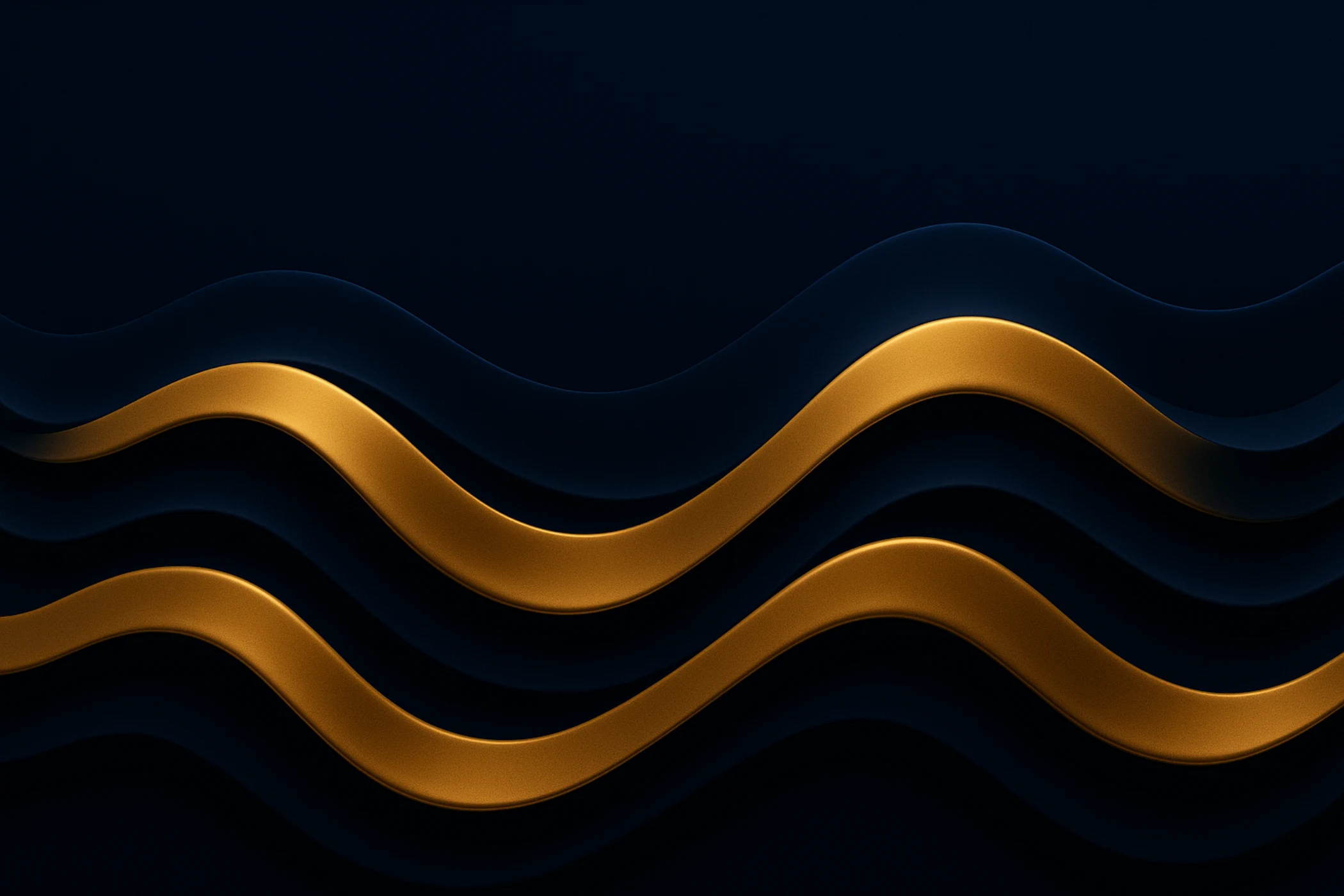 Abstract design with two smooth, shiny golden wave ribbons on a dark background.
