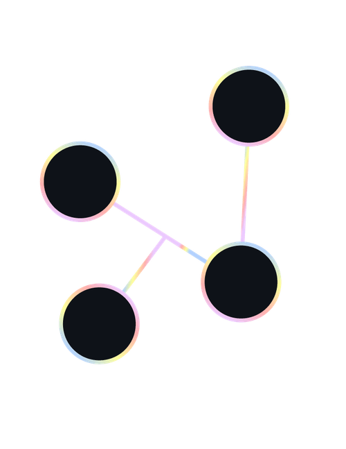Network diagram with five connected black circles outlined in a gradient pastel color on a transparent background.