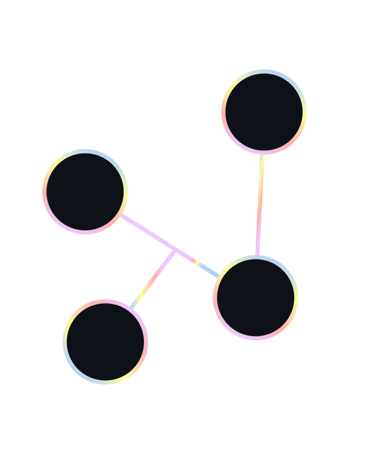 Network diagram with five connected black circles outlined in a gradient pastel color on a transparent background.