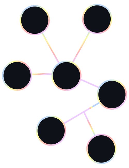 Diagram with seven black circles connected by rainbow-colored lines, forming a network structure on a transparent background.