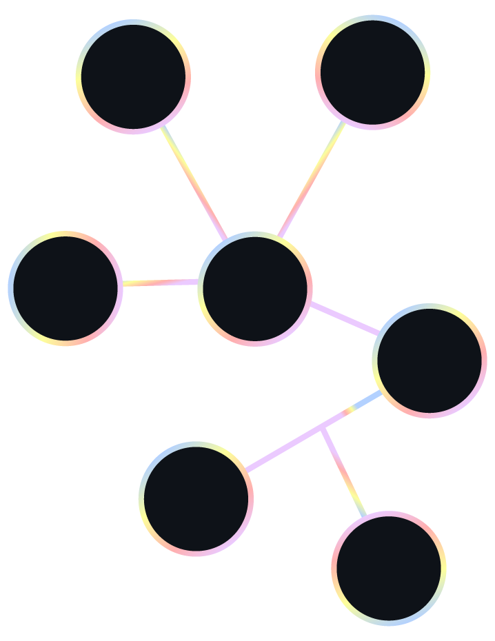 Diagram with seven black circles connected by rainbow-colored lines, forming a network structure on a transparent background.