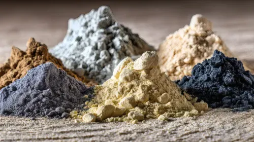 Various small piles of colorful powdered pigments on a textured surface.