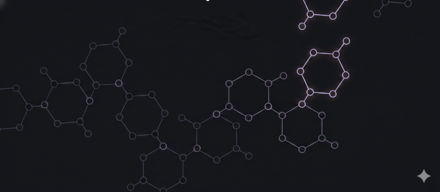 Abstract dark background with interconnected hexagonal molecular structures glowing faintly.