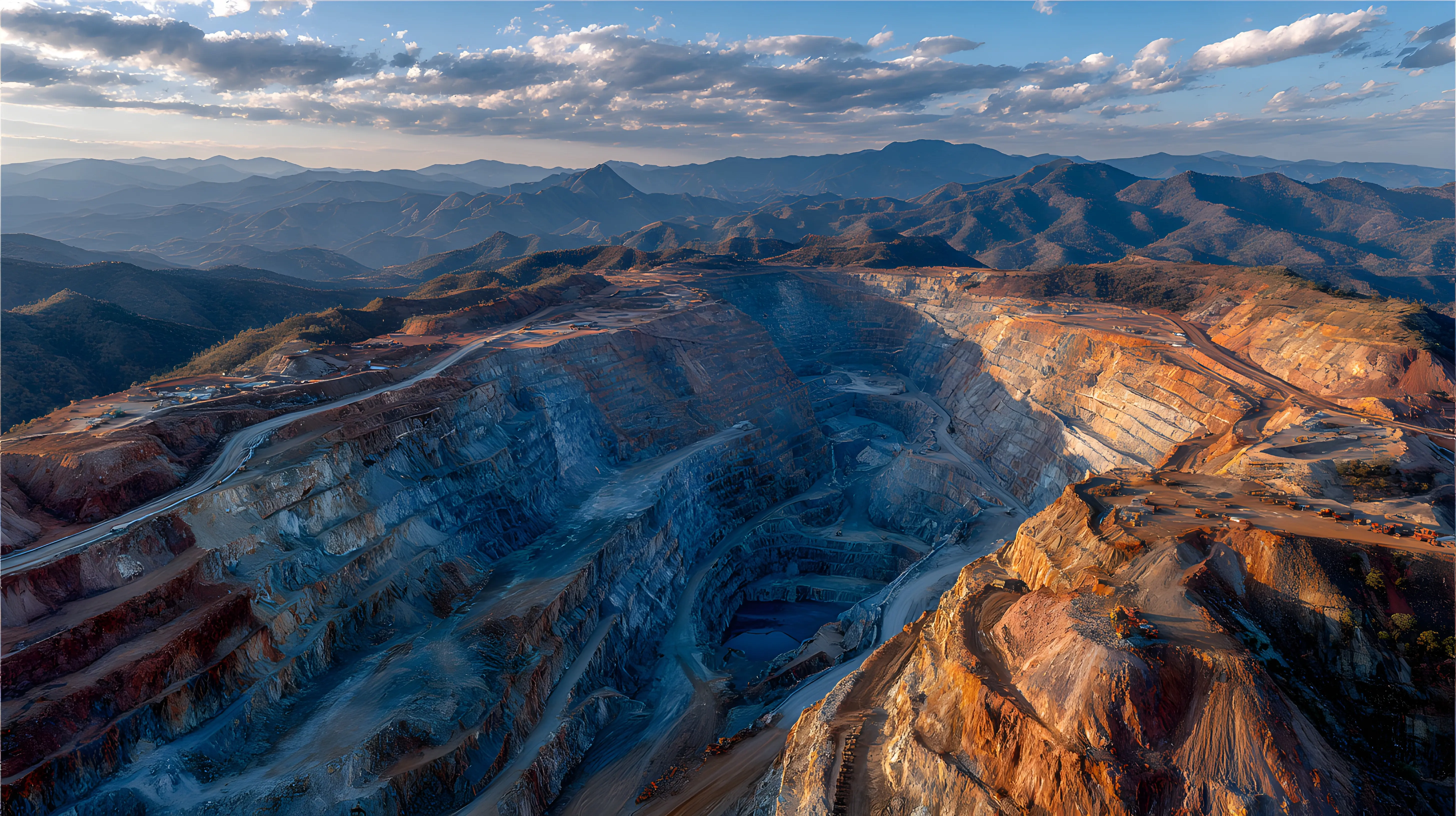 Aerial view of a large open-pit mine surrounded by mountainous terrain under a partly cloudy sky.